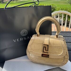 VERSACE Croc-Effect Greca Goddess Leather Top Handle Bag/shoulder Bag. NEW